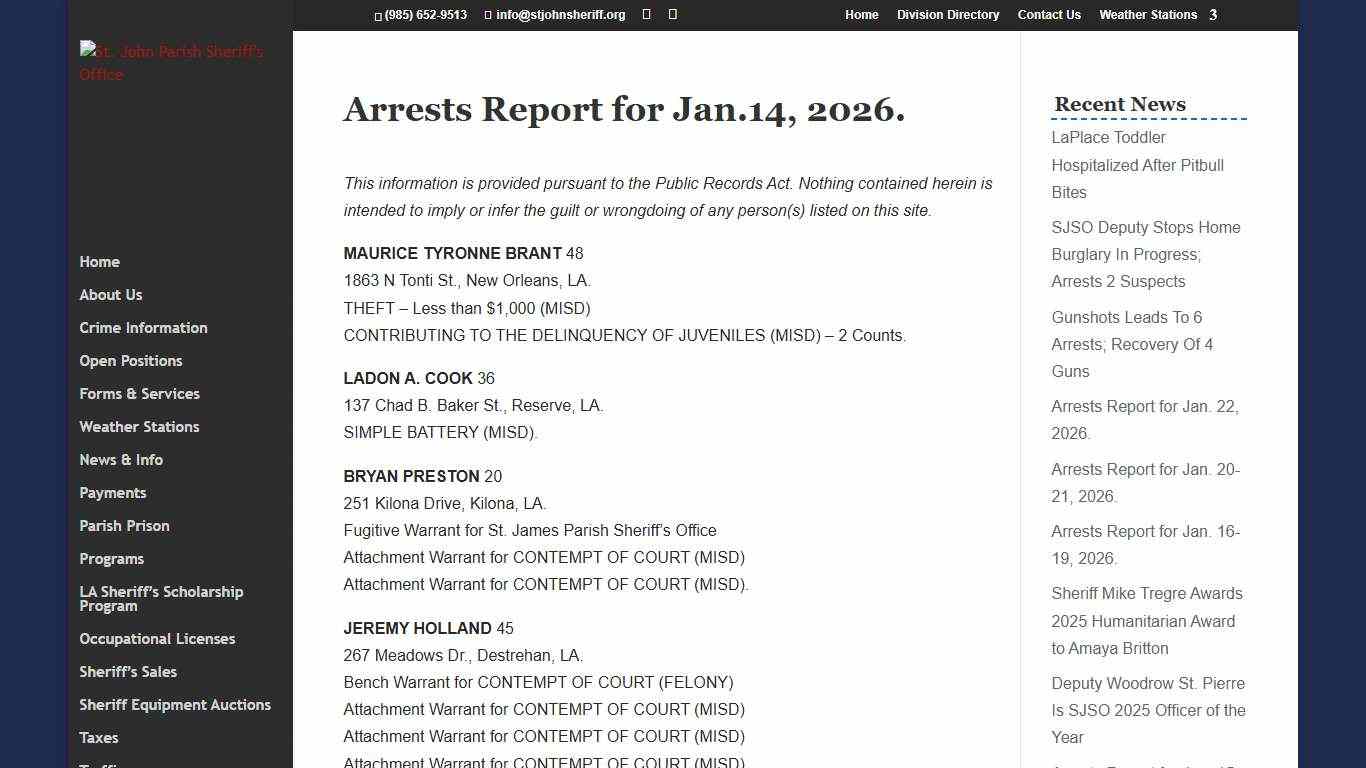 Arrests Report for Jan.14, 2026. St. John Parish Sheriff's Office